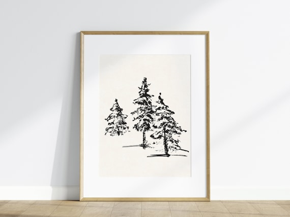 Vintage Black and White Pine Tree Drawing Print, Rustic Winter ...