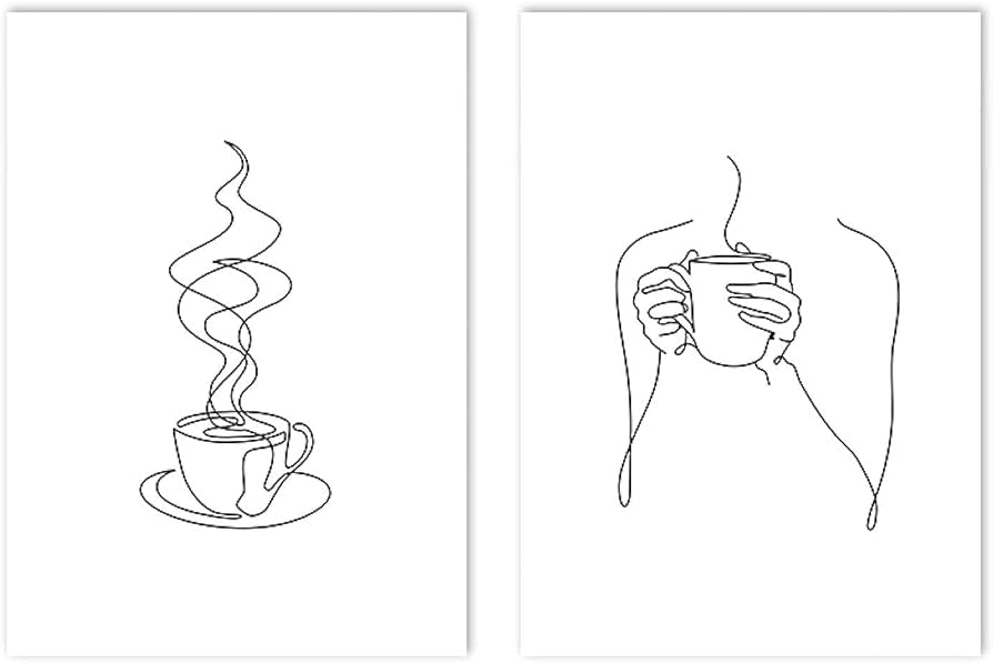 Black and White Canvas Wall Art Print Hands Cup Abstract Line Drawing  Poster Coffee Art Pictures for Kitchen Home Decor 70 x 100 cm x 2 Frameless