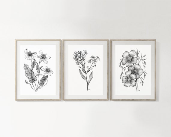 Wildflowers Art PRINT Set of 3, Flower Pencil Drawing Wall Art ...