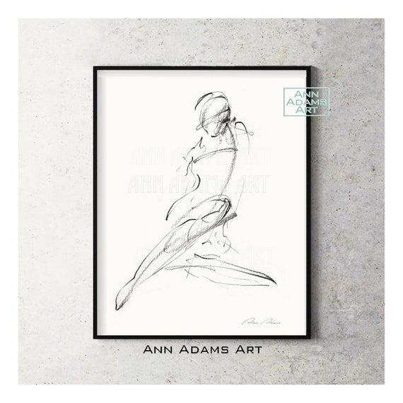 Sketch Art Drawing, Abstract art, Black and White Minimalist Female nude  figure Art Print from Original Artwork by Ann Adams, 8R
