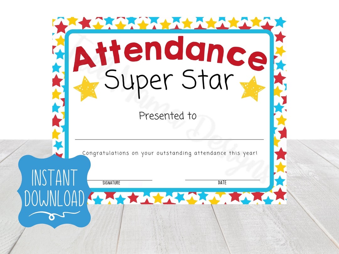 Attendance Award Certificate Printable, Perfect Attendance Certificate,  Attendance Award Printable, School Attendance Certificate, Kid Award    ...