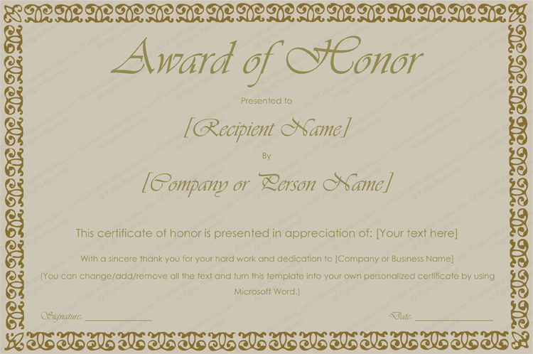 Printable Award of Honor Certificate Template - for Word