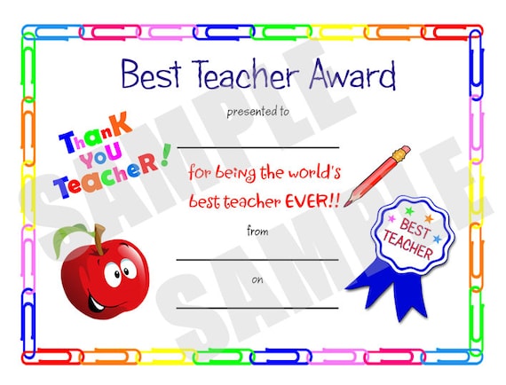 Certificate, Best Teacher, Kids Certificate, Printable, PDF ...