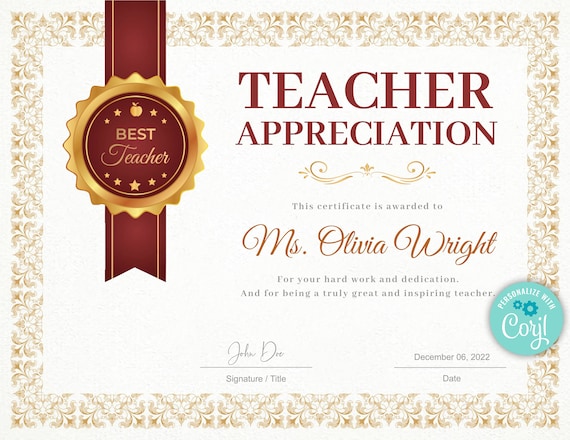 Teacher Appreciation Award Certificate Template Teacher Gift Award ...