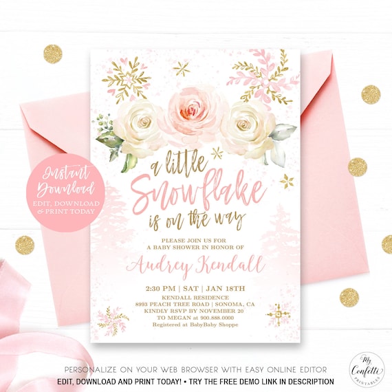 Winter Baby Shower Invitation Girl, Printable Baby Shower Template ...