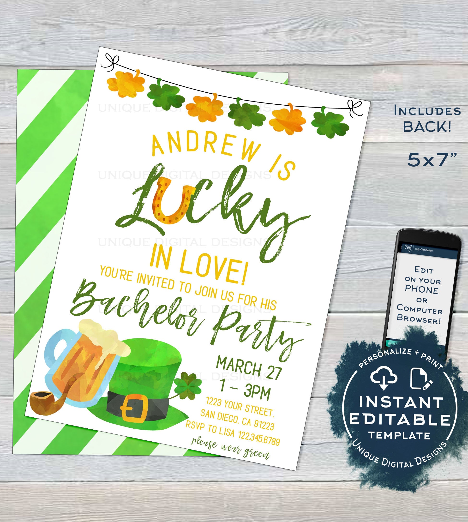 St Patricks Day Bachelor Invitation, Guys Editable Lucky in Love Wedd