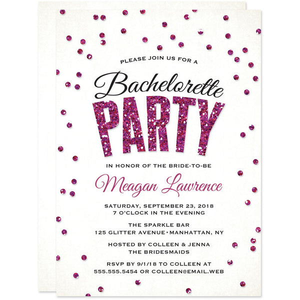 Hot Pink Glitter Confetti Bachelorette Invitations | The Spotted Olive