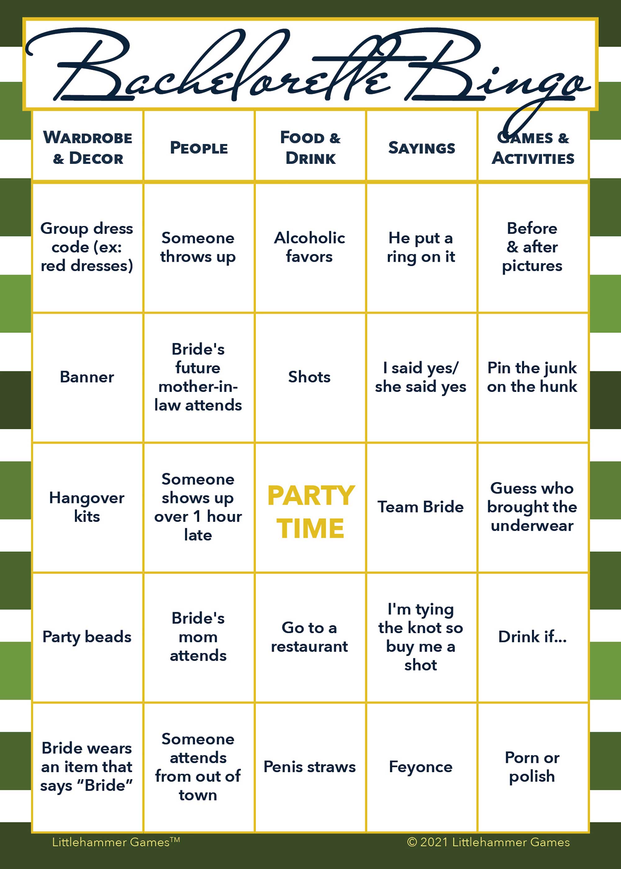 Bachelorette Bingo - Green Striped Printable Game Cards ...
