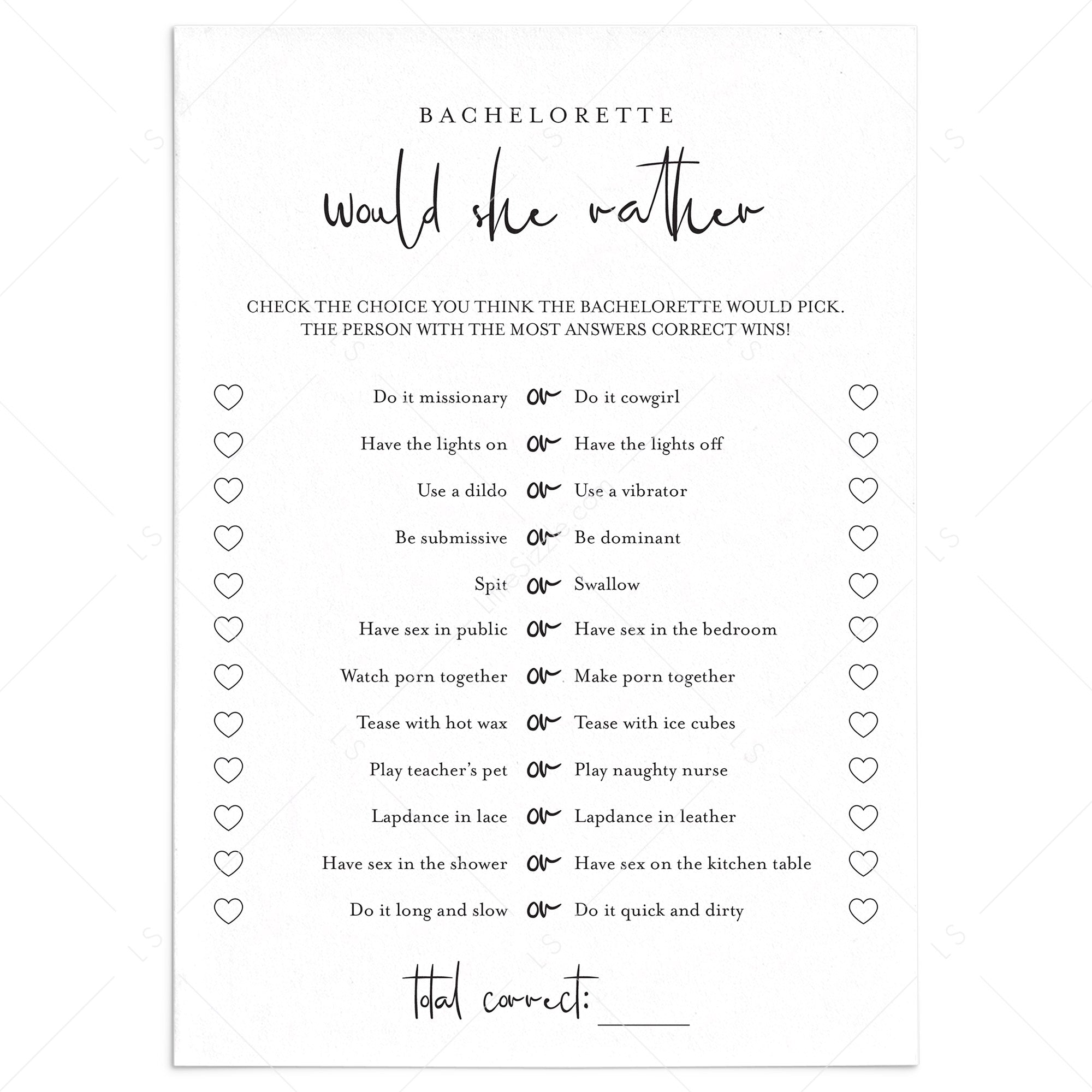 Bachelorette Would She Rather Game Printable | Dirty Would She Rather
