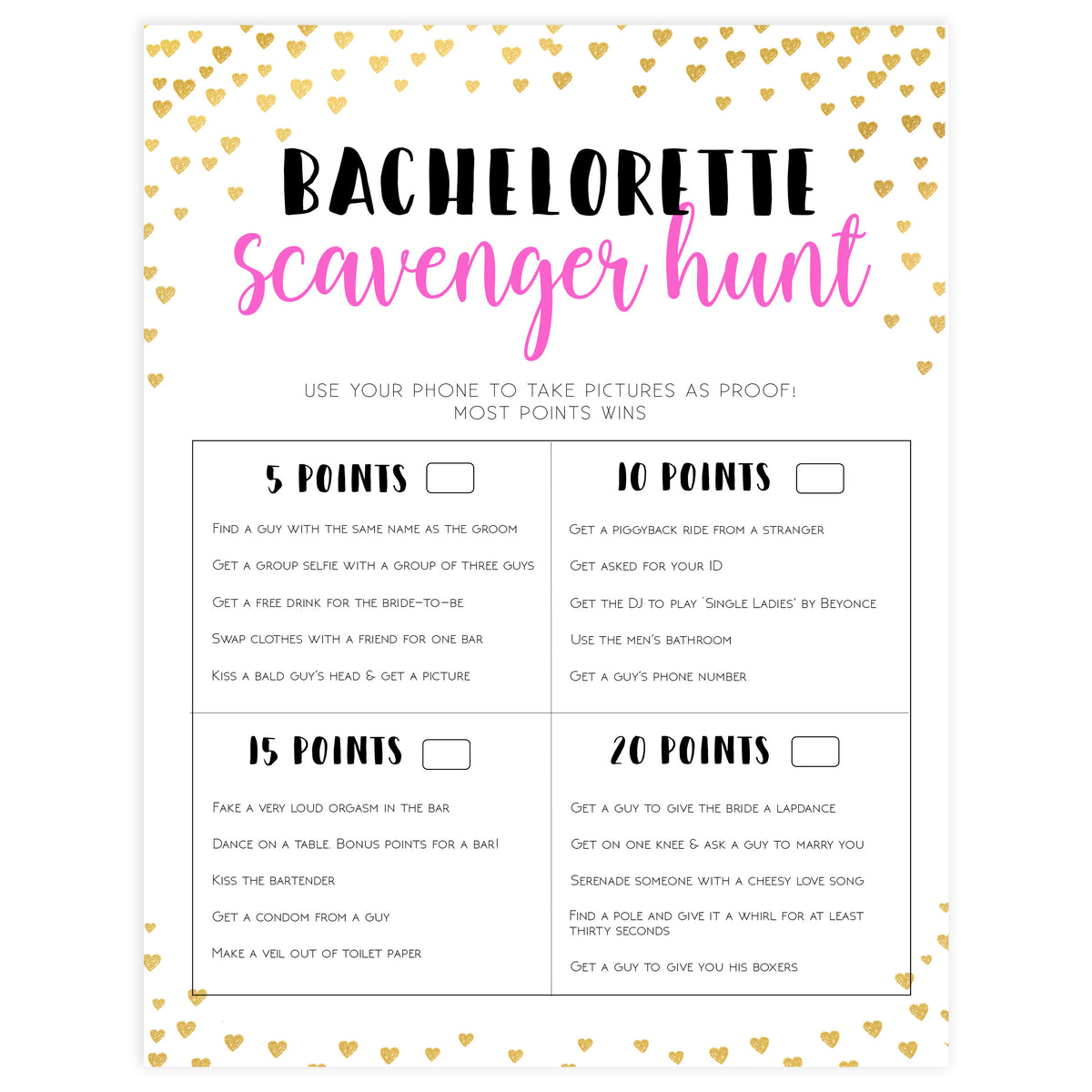 Gold Hearts Bachelorette Scavenger Hunt | Printable Bachelorette ...