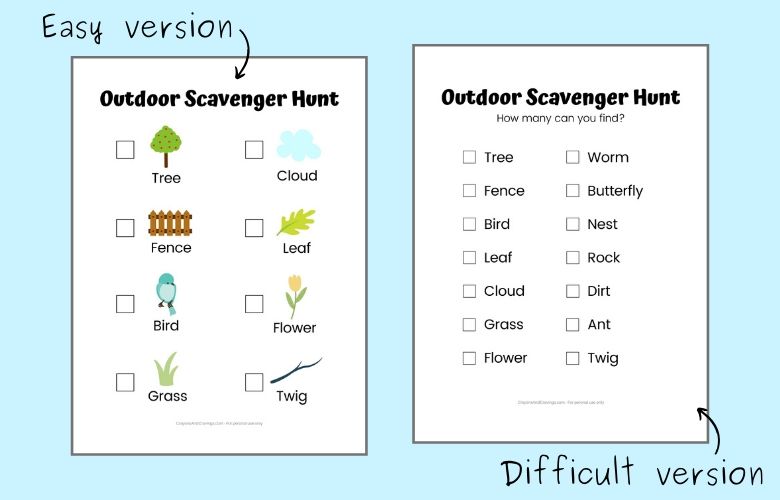 Outdoor Scavenger Hunt for Kids Printables (Easy &  Difficult ...
