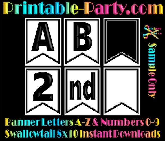 8x10 Inch Swallowtail Black Printable Banner Letters | Alphabets A-Z  Numbers 0-9
