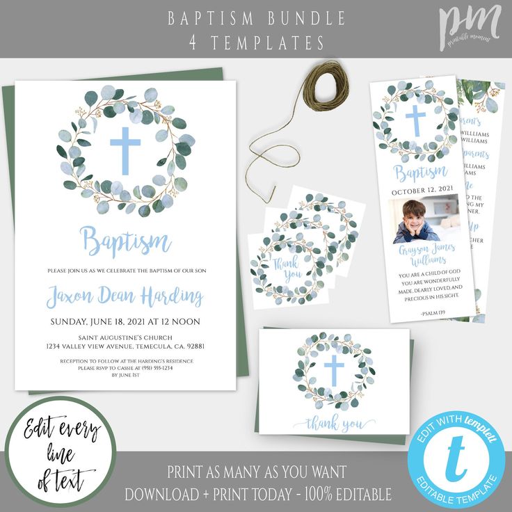 Boy Baptism Invitation Set, Blue Cross Baptism Invitation, Printable ...