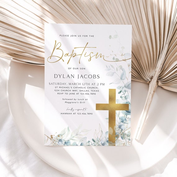 Baptism Invitation, Christening Invitation Template, Eucalyptus ...