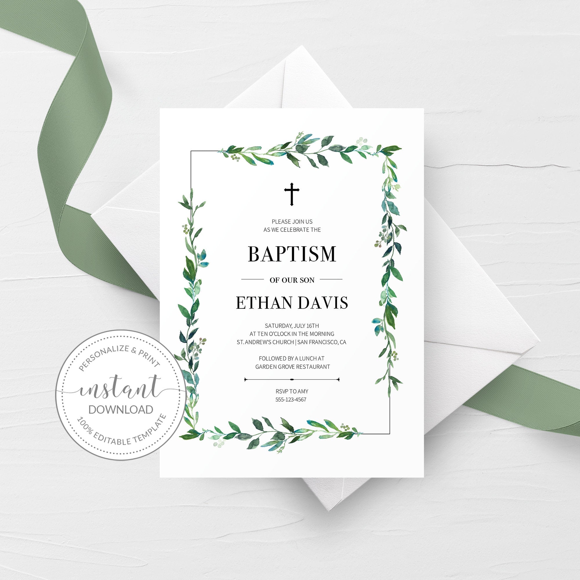 Greenery Baptism Invitation Template, Printable Baptism Boy Invite,  Editable INSTANT DOWNLOAD - G100