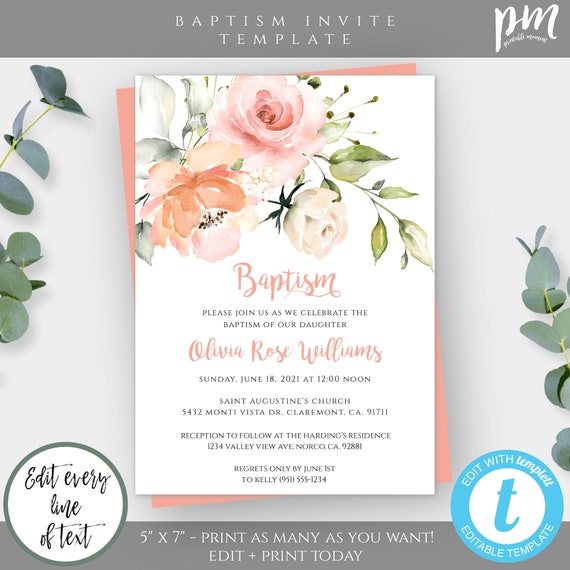 Printable Baptism Invitation Template, Floral Baptism Invite, Girl ...