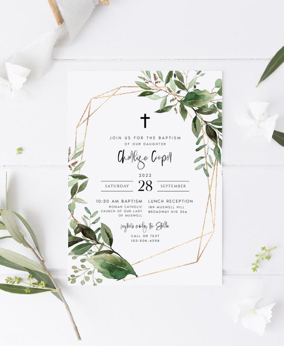 Editable Baptism Invitation Template, Greenery Printable ...