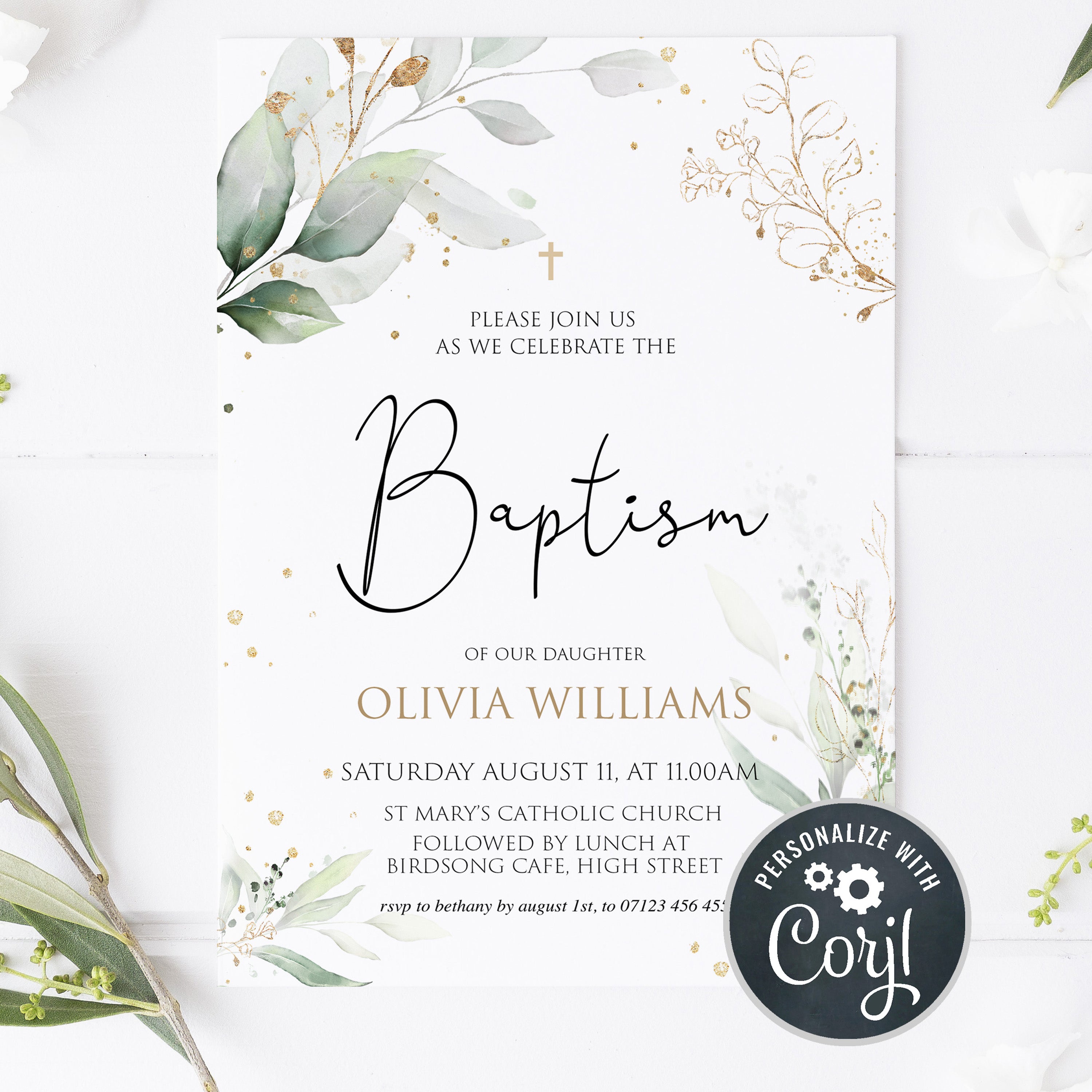 EDITABLE Gold Floral Baptism Invitation - OhHappyPrintables