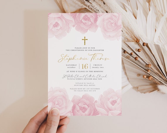 Christening Invitation Girl, Baptism Invitation Template, Pink ...