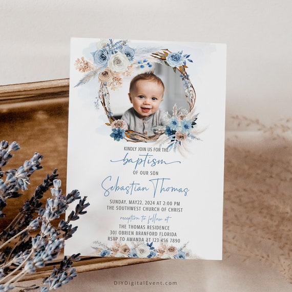Editable Baptism Invitation Template, Blue Boho Christening ...