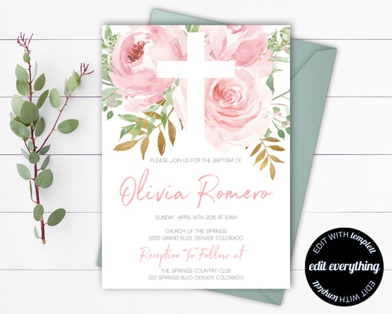 Pink Floral Baptism Invitation Template Girl Baptism Invitation ...