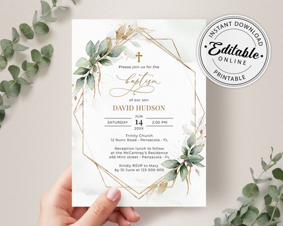 Greenery Baptism Invitation Template communion, Dedication ...