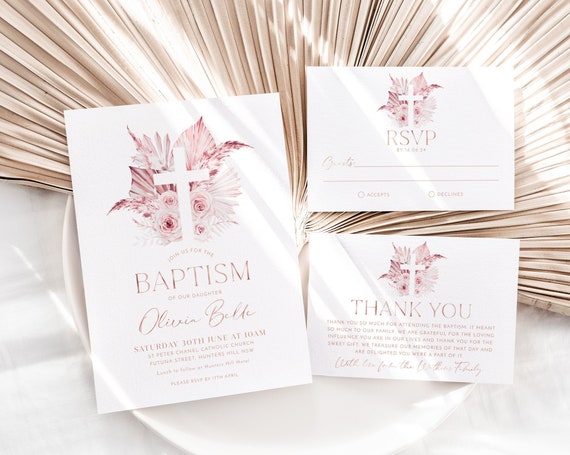 Boho Baptism Invitation, Christening Invitation Template, Gold ...