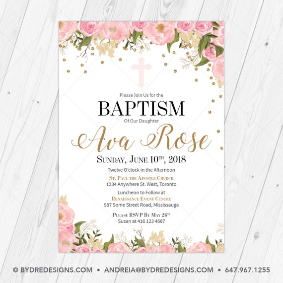Girl Baptism Invitation, Pink Baptism Invitation, Floral Baptism ...
