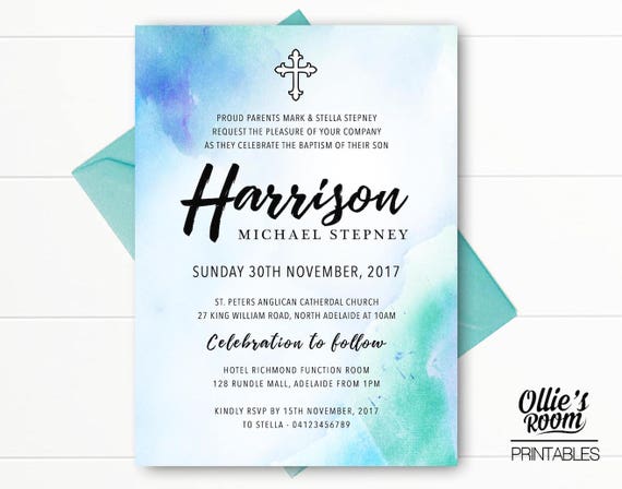 Blue Watercolour Christening, Baptism, Communion Invitation ...