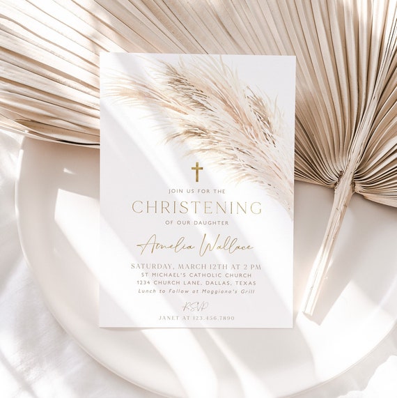 Boho Christening Invitation, Boho Baptism Invitation Template ...