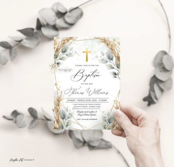 Editable Baptism Invitation Template, Greenery Grass Gold Baptism ...