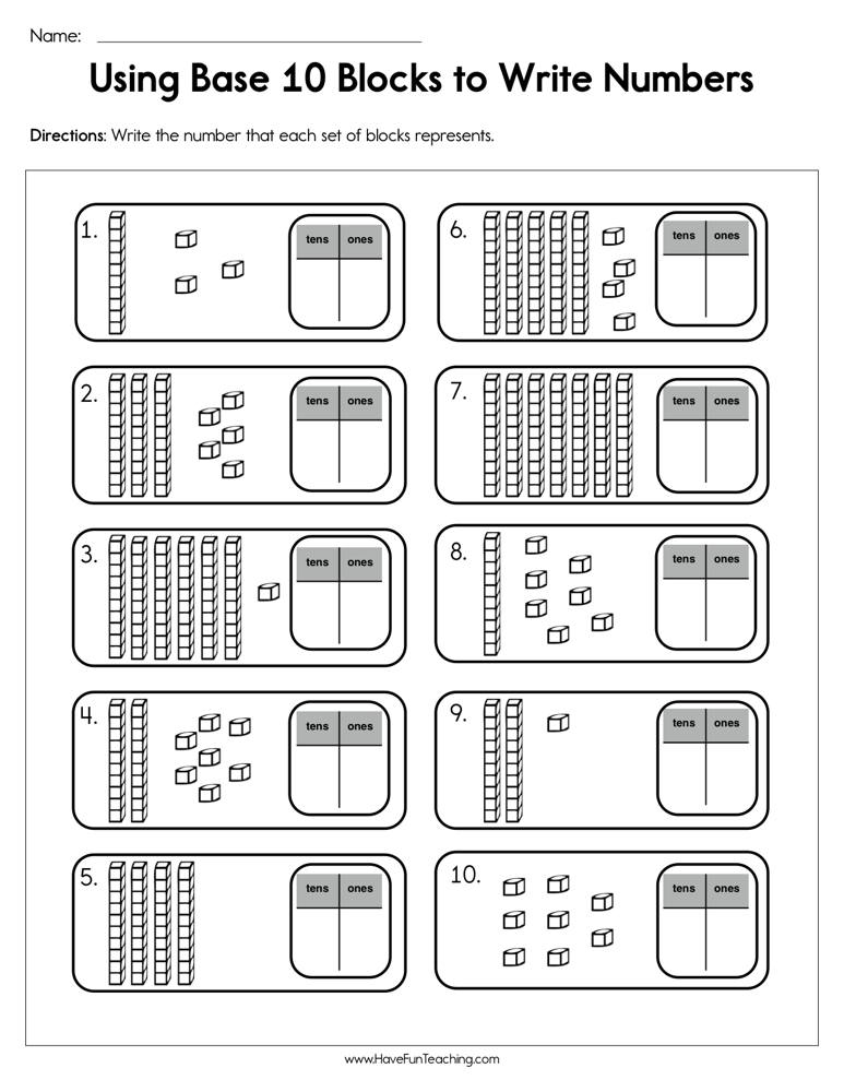 Using Base 10 Blocks to Write Numbers Worksheet