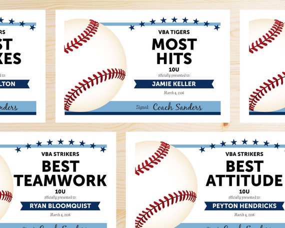 Editable Baseball Award Certificates - INSTANT DOWNLOAD PRINTABLE - Light  Sky Carolina Blue and Navy