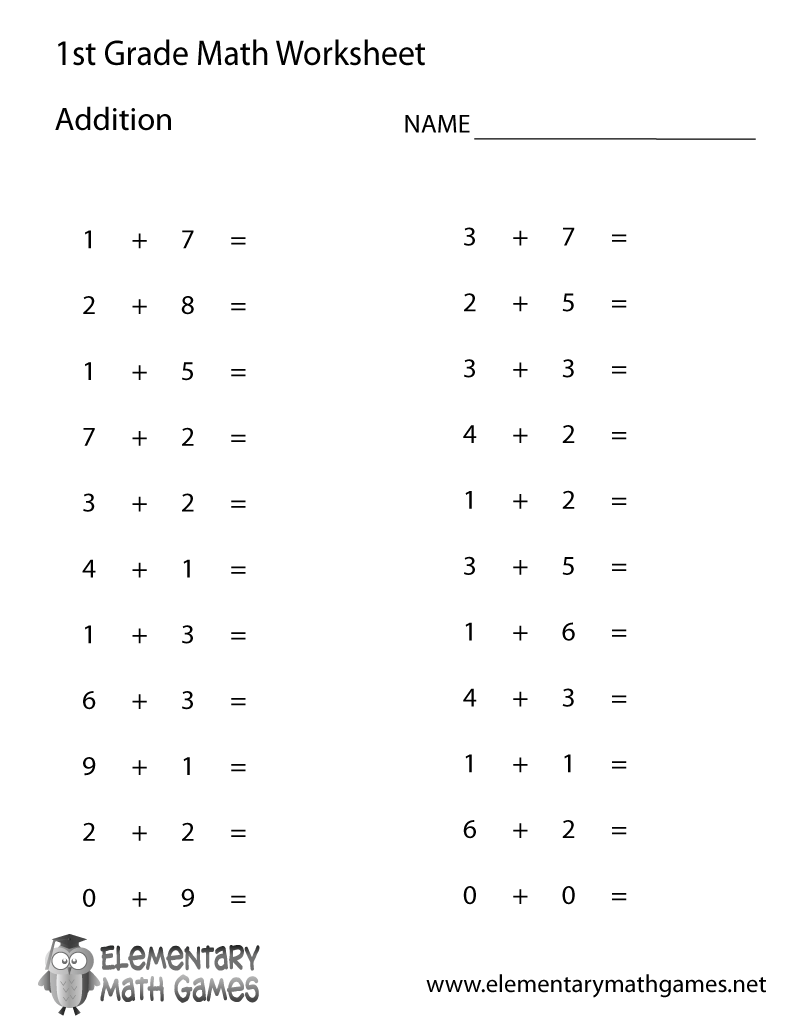 Free Printable Simple Addition Worksheet for First Grade