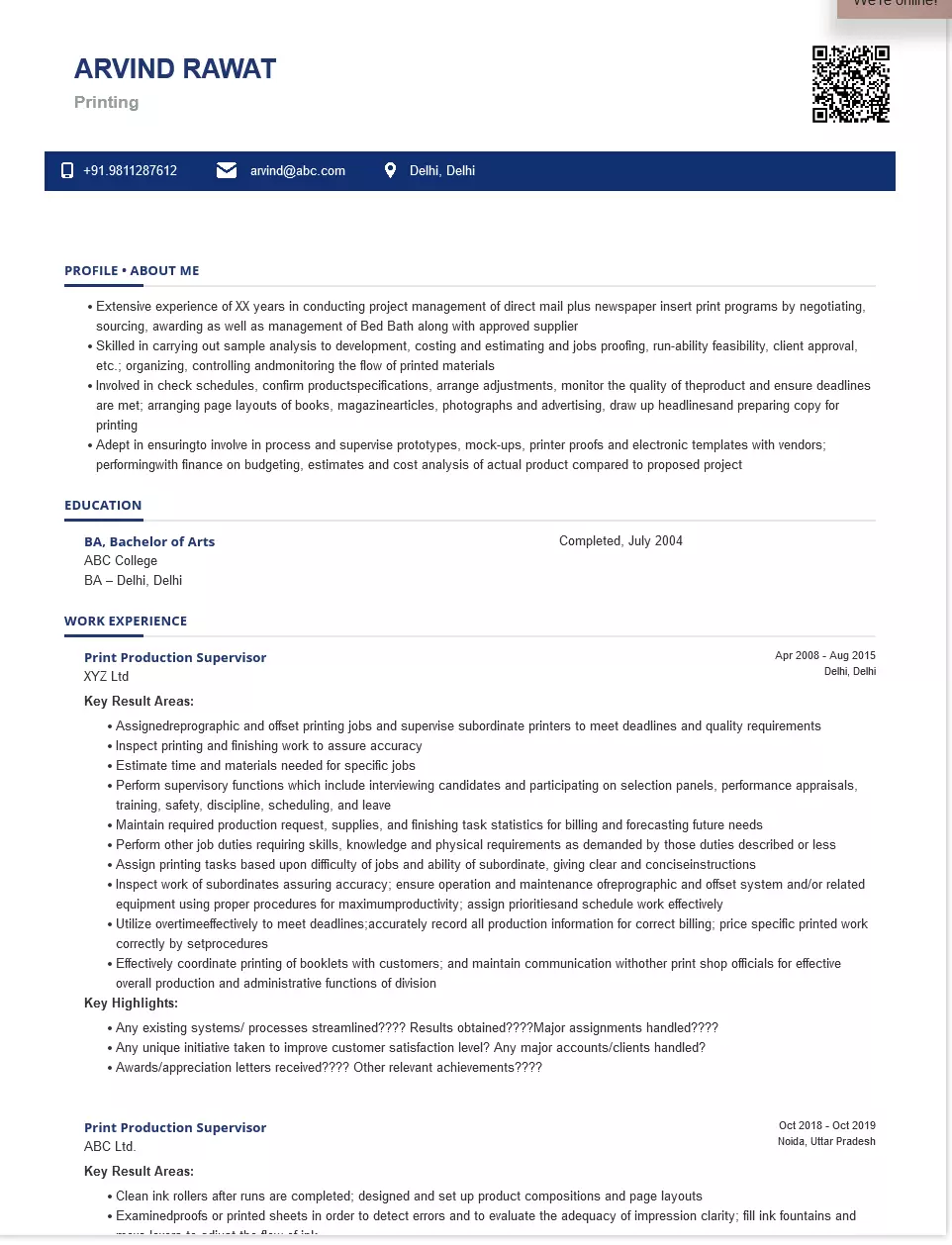 Printing Sample &  Ready To Use Example | ShriResume
