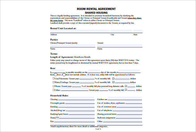 printable basic room rental agreement
