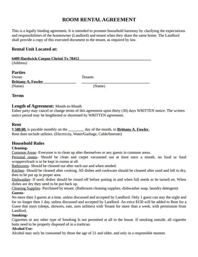 printable basic room rental agreement