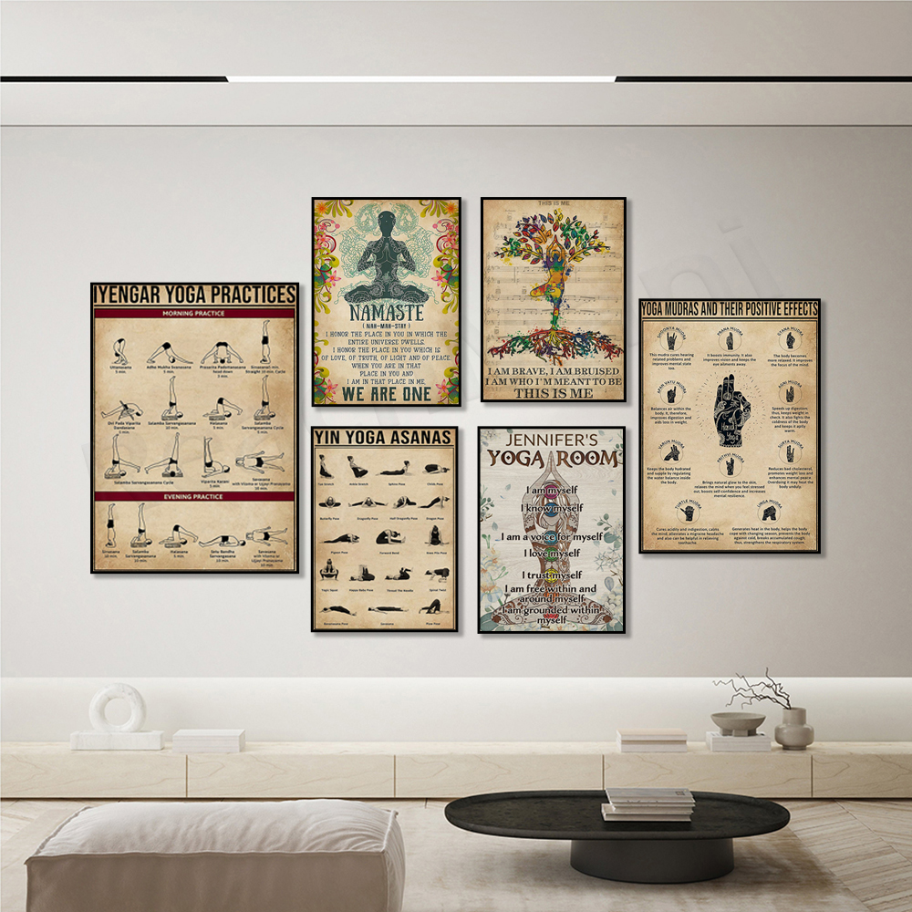 Vintage music i am brave and proud yoga print, yoga poses, 7 chakra names  in sanskrit, lyengar yoga practice poster, chakra art