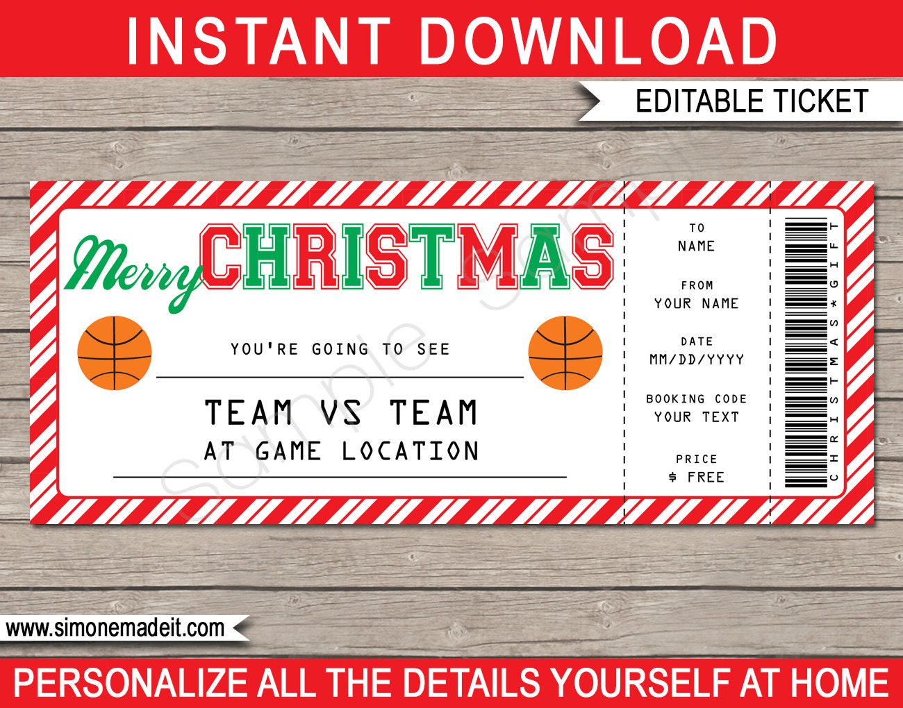 Basketball Game Ticket Weihnachtsgeschenk Vorlage Druckbare ...