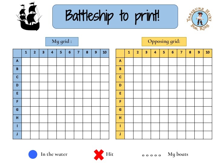 Printable battleship game - Treasure hunt 4 Kids - free games for kids