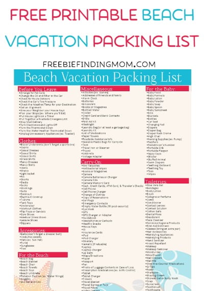 printable beach holiday packing list