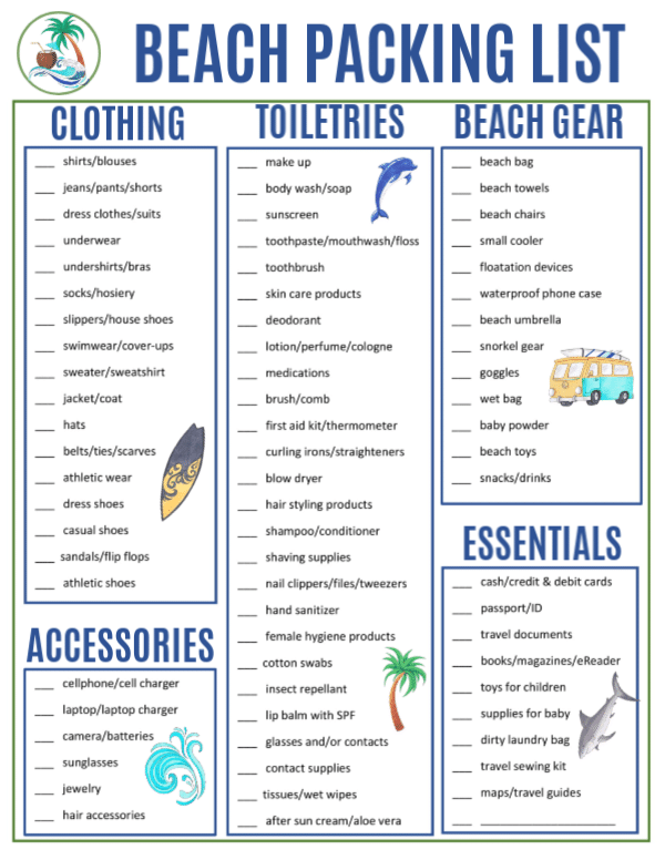 printable beach vacation packing list