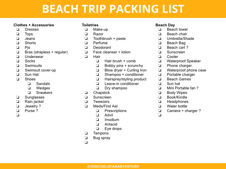 printable beach vacation packing list