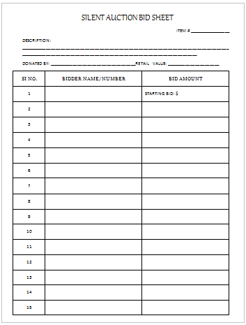 Silent Auction Bid Sheet Templates in Word - Printable ...