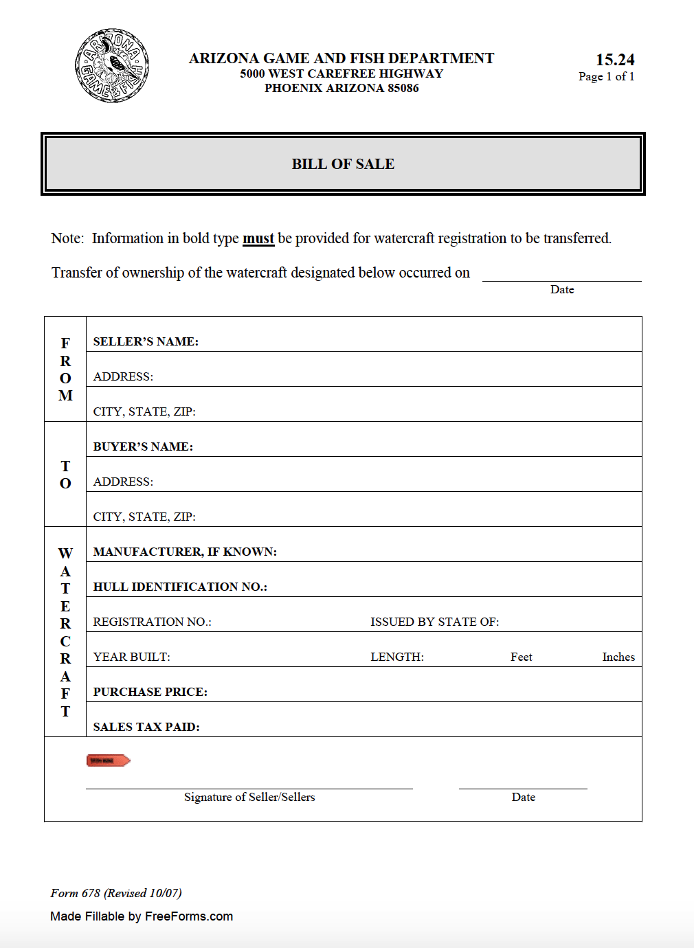 printable bill of sale arizona