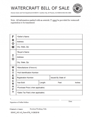 printable bill of sale arizona
