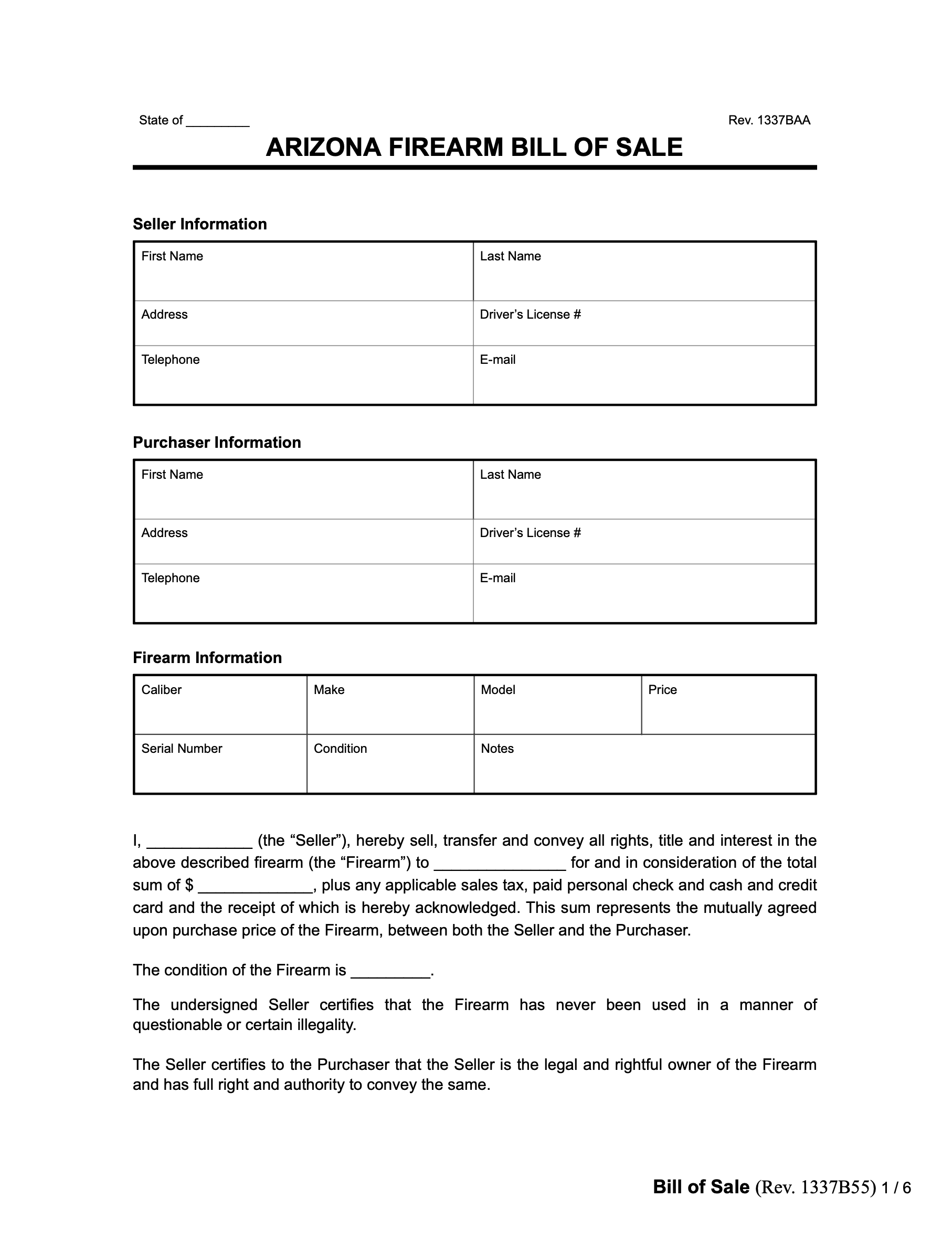 printable bill of sale arizona