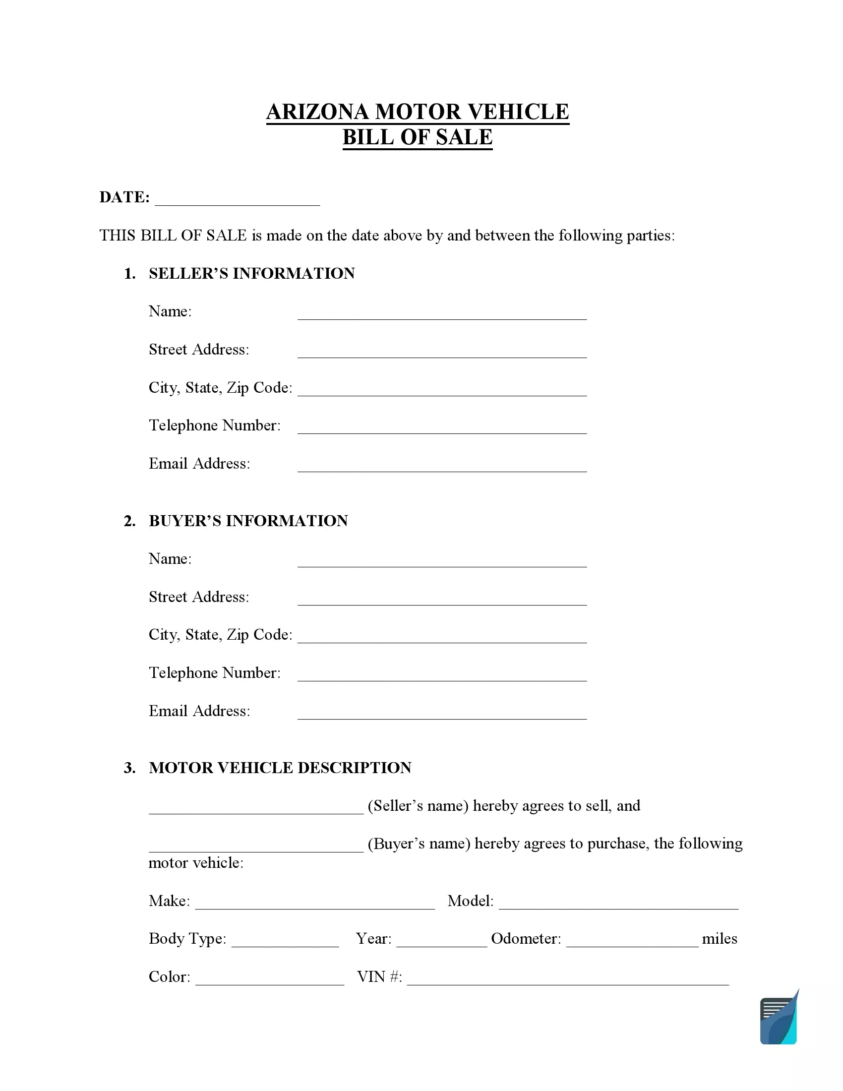 Free Arizona Bill of Sale Forms (PDF) | FormsPal