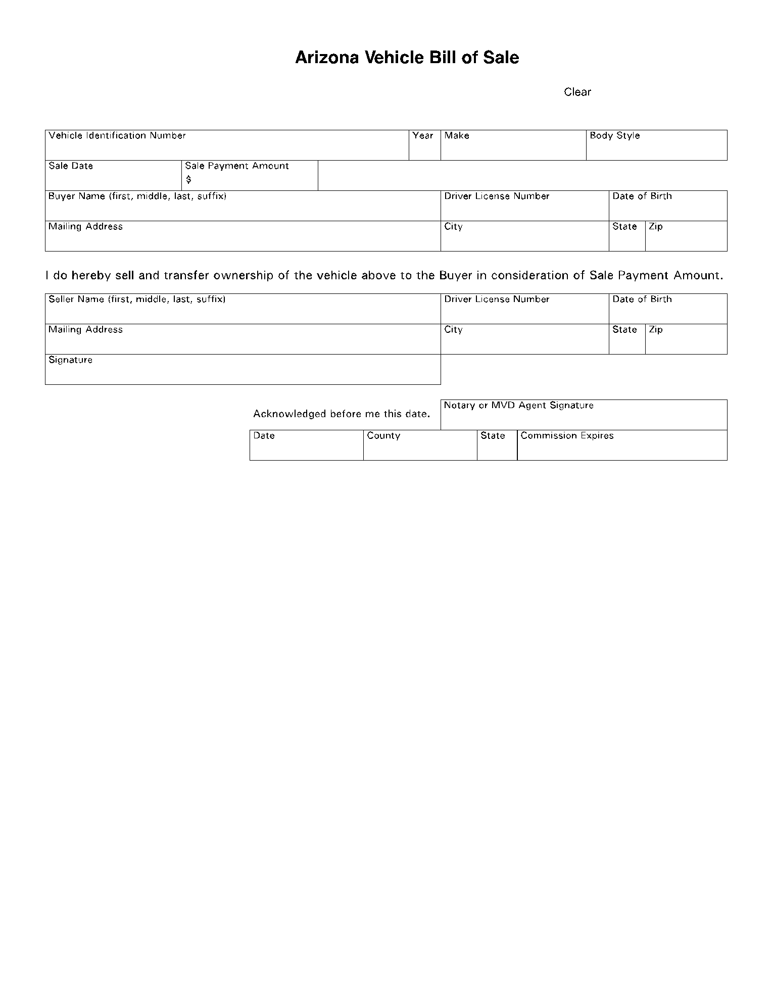 printable bill of sale arizona