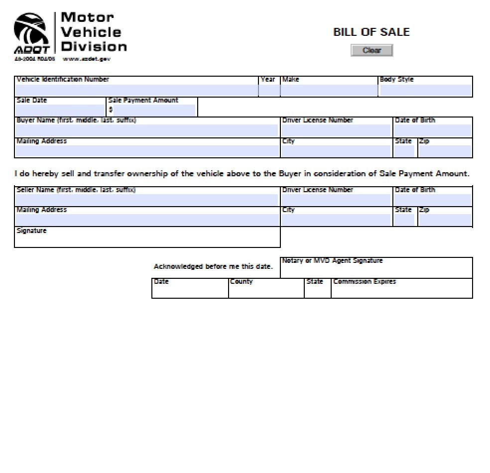 printable bill of sale arizona